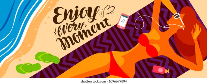 Journey, travel banner. Enjoy every moment, lettering vector illustration