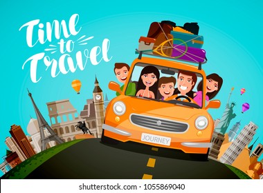 Journey, Travel Concept. Happy Family Rides In Car On Vacation. Cartoon Vector Illustration