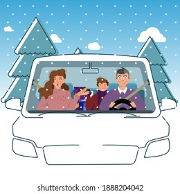 Journey, travel concept. Happy family rides in car on vacation. Cartoon vector illustration.