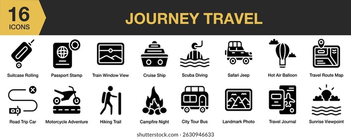 Journey Travel solides Icon-Set. Beinhaltet Reise, Reisen, Tourismus, Sommer, Reise, Karte und mehr. Vektorgrafik mit durchgezogenen Symbolen.