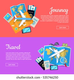 Journey and travel web banner. Tourist attributes. Informative vector poster for journey and traveling. Set of tourist things. Plane, visa, passport, map. Trip concept collection illustration.