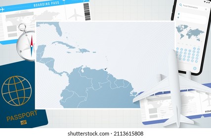 Journey to Trinidad and Tobago, illustration with a map of Trinidad and Tobago. Background with airplane, cell phone, passport, compass and tickets. Vector mockup.