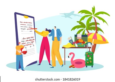 Journey trip plan by father, mother, son at airplane vector illustration. Happy couple dream about international travel, family research for book hotel. Thinking together, choosing in calendar.