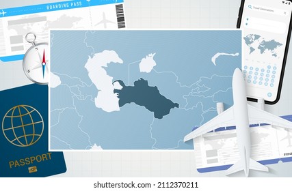 Journey to Turkmenistan, illustration with a map of Turkmenistan. Background with airplane, cell phone, passport, compass and tickets. Vector mockup.