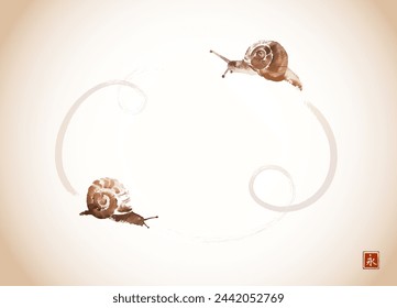 Journey of two snails. Traditional oriental ink painting sumi-e, u-sin, go-hua in vintage style. Translation of hieroglyph - eternity.