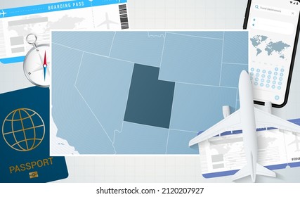 Journey to Utah, illustration with a map of Utah. Background with airplane, cell phone, passport, compass and tickets. Vector mockup.