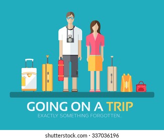 Journey vacation baggage in flat design background concept. Married couple with collects things going on a trip. Icons for your product or illustration, web and mobile applications