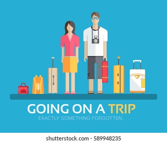 Journey vacation baggage in flat design background concept. Married couple with collects things going on a trip. Icons for your product or illustration, web and mobile applications