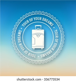 Journey vacation baggage label template of emblem element for your product or design, web and mobile applications with text. Vector illustration with thin lines on stamp symbol. 