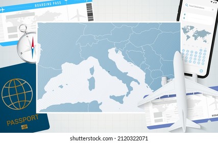 Journey to Vatican City, illustration with a map of Vatican City. Background with airplane, cell phone, passport, compass and tickets. Vector mockup.