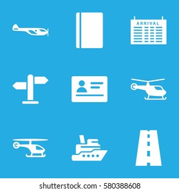 journey vector icons. Set of 9 journey filled icons such as passport, helicopter, arrival table, road, direction