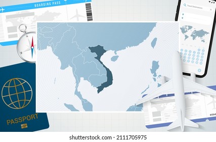 Journey to Vietnam, illustration with a map of Vietnam. Background with airplane, cell phone, passport, compass and tickets. Vector mockup.