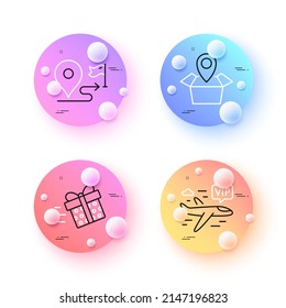 Journey, Vip flight and Present delivery minimal line icons. 3d spheres or balls buttons. Package location icons. For web, application, printing. Vector