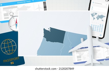 Journey to Washington, illustration with a map of Washington. Background with airplane, cell phone, passport, compass and tickets. Vector mockup.
