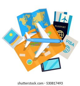 Journey web banner. Aircraft, suitcase with luggage, world map, air tickets, passport, visa, phone, mobile photo flat vector illustrations. For travel agency, airline company landing page design