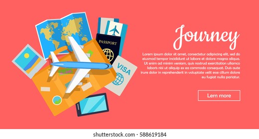 Journey web banner. Aircraft, suitcase with luggage, world map, air tickets, passport, visa, phone, mobile photo flat vector illustrations. For travel agency, airline company landing page design