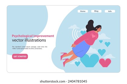 Journey to wellbeing web or landing. Elevating mental health through self-love and positive affirmation. Flat vector illustration.