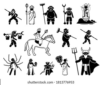 Journey To The West characters icons set. Vector illustrations of legendary heroes and villains of the Chinese mythology.