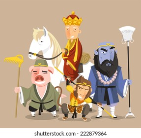 Journey To The West Chinese Mythology Novel Tale, Vector Illustration Cartoon.