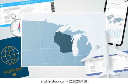 Journey to Wisconsin, illustration with a map of Wisconsin. Background with airplane, cell phone, passport, compass and tickets. Vector mockup.