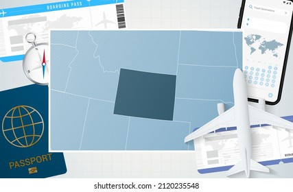 Journey to Wyoming, illustration with a map of Wyoming. Background with airplane, cell phone, passport, compass and tickets. Vector mockup.