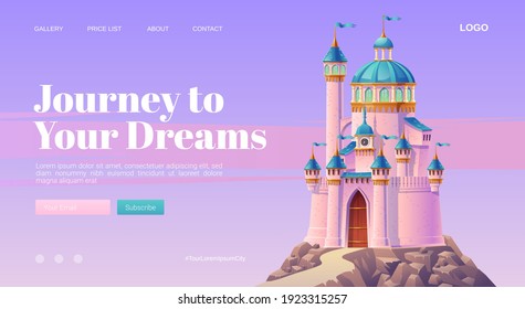 Journey to your dream cartoon landing page with pink magic castle, princess or fairy palace with turrets and clock on mountain top with rocky road lead to gates and lilac cloudy sky. vector web banner