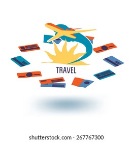 Journeys logo template. Travel documents, sun and flying plane.