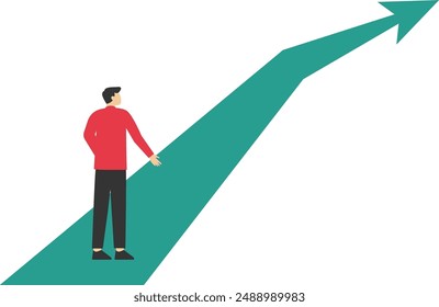 journeys to success, Entrepreneur standing at the beginning of the road and looking into the telescope. Concept of development, career growth, motivation. Vector illustration on a white background.