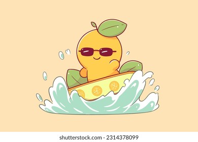 A jovial lemon creature sporting sunglasses and a surfboard