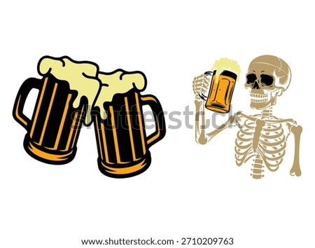 A jovial skeleton in a top hat cheerfully raises two beer steins.	