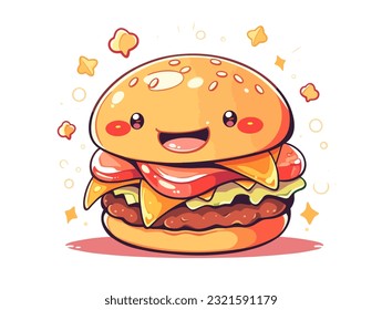 A jovial, wide-eyed, and cheery hamburger character