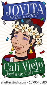 Jovita, the eternal queen of Cali city, wearing a flower crown under a confetti shower and greeting ribbon to celebrate the Carnival of Cali Viejo in Feria de Cali (written in Spanish).