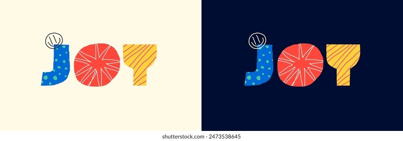 Concepto de inscripción decorativa abstracta de la alegría. Formas gráficas coloridas modernas que escriben las palabras para las vacaciones o las vacaciones. Logotipo creativo de moda alegre positivo. Celebración brillante estilo de dibujos animados eps texto