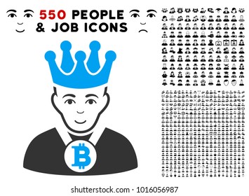 Joy Bitcoin King vector icon with 550 bonus pity and glad jobs symbols. Person face has glad mood. Bonus style is flat black iconic symbols.