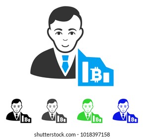 Joy Bitcoin Trader vector pictograph. Vector illustration style is a flat iconic bitcoin trader symbol with gray, black, blue, green color variants. Person face has joy expression.