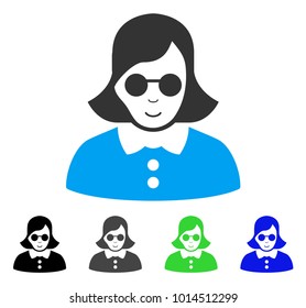 Joy Blind Woman vector pictogram. Vector illustration style is a flat iconic blind woman symbol with grey, black, blue, green color versions. Human face has joy expression.