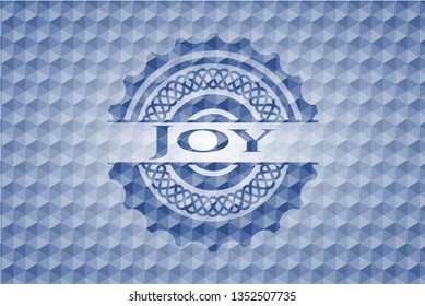Joy blue badge with geometric background.
