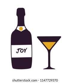 Joy bottle and glass icon isolated on white background. Vector illustration with alcoholic beverage glasswear with label and martini drink