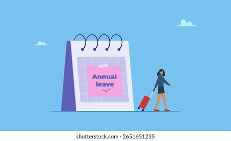 Joy businesswoman walking with luggage from calendar with annual leave note. Symbolizes take day off or vacation to rest and relax from hard work, time or schedule reminder of annual leave.