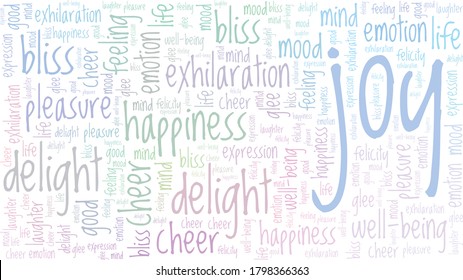 Joy, calm and happiness word cloud isolated on a white background.