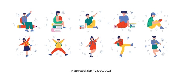 The joy of children's activities back to school with reading and writing equipment, education concept vector illustration.