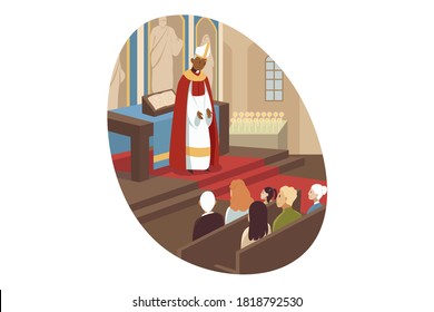 Joy, christianity, bible, religion concept. African american man priest cartoon character leading morning service in church for parish people christians. Lent celebration in catholicism illustration.