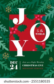 Joy, Christmas Eve midnight service poster. Joy to the world, Merry Chrismas christian design for social media banners or greeting cards