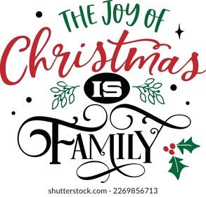 The joy of Christmas is family, Christmas quote handwritten on black background decorated with red santa hat and mittens. Winter holidays greeting, calligraphy inscription.