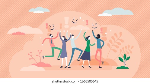 Joy concept, flat tiny person vector illustration. Happy people jumping and waving with hands. Joyful group of persons together celebrating life success. Cheerful event activity. Positive expression.