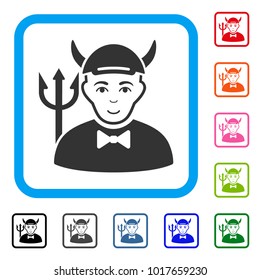 Joy Devil vector pictogram. Person face has cheerful feeling. Black, gray, green, blue, red, pink color versions of devil symbol in a rounded squared frame. A dude in a cap.