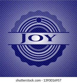 Joy emblem with jean high quality background. Vector Illustration. Detailed.