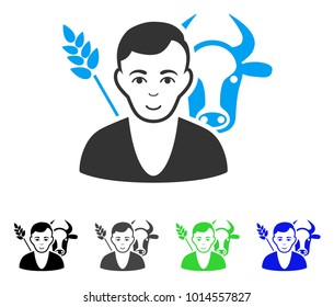 Joy Farmer vector pictograph. Vector illustration style is a flat iconic farmer symbol with gray, black, blue, green color variants. Person face has happiness expression.
