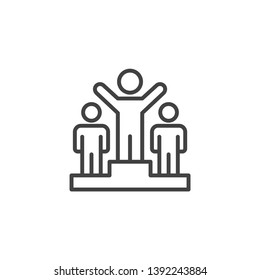Joy for first place podium. Linear design symbol with thin line and monochrome outline minimal style. Editable stroke.