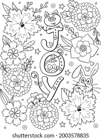 Joy font with a pig, a rabbit, and flower element for Valentine's day or Love Cards. Hand-drawn with inspiration word. Coloring book for adults and kids. Vector Illustration.